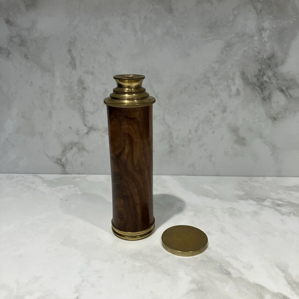 Vtg Brass Wood Grain Monocular Nautical Telescope Spyglass Sailing 3-Draw